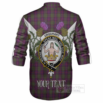 Urquhart Tartan Family Crest Ghillie Shirt Scottish Burns Night Thistle Floral