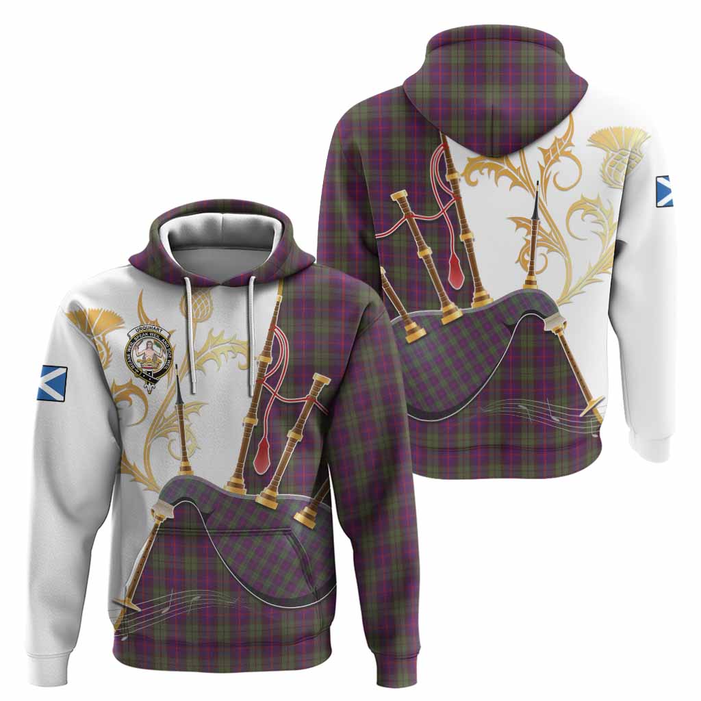 Urquhart Tartan Family Crest Hoodie Bagpipes with Scottish Thistle