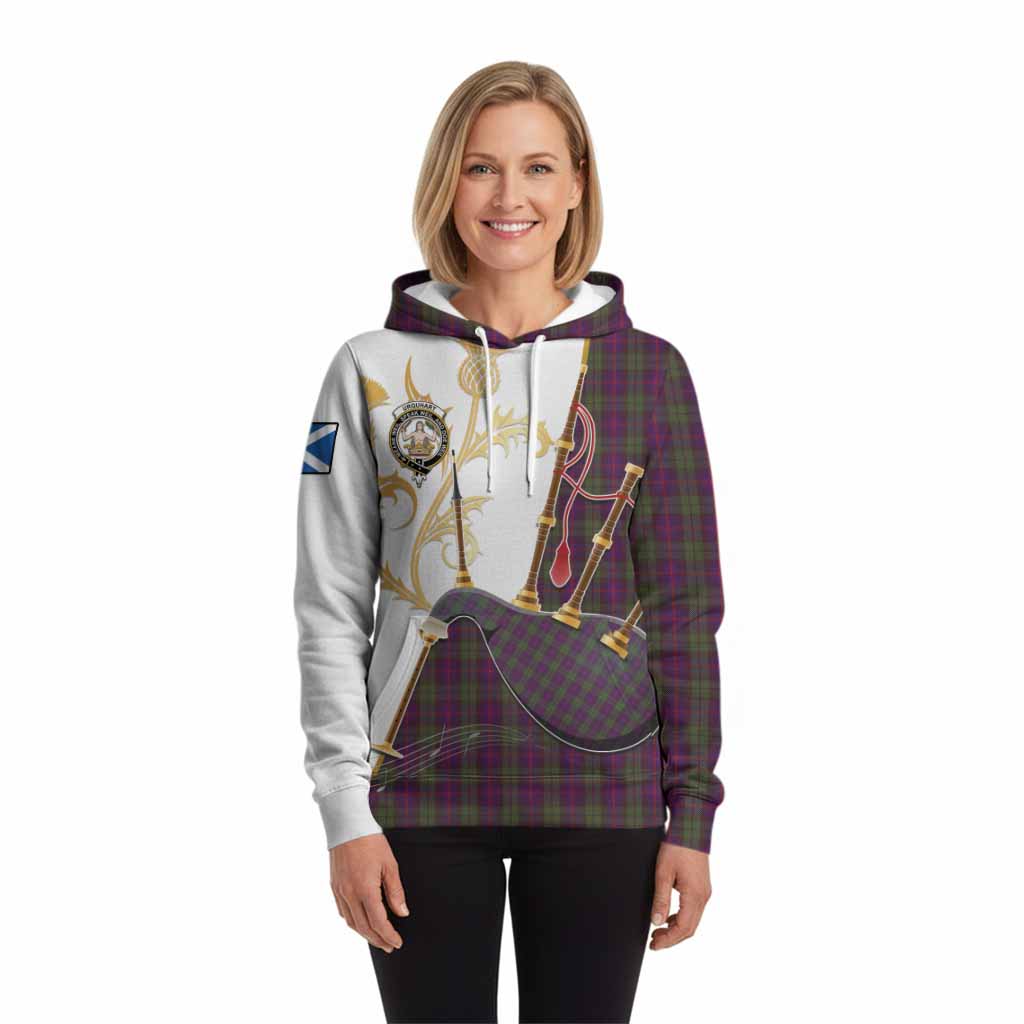 Urquhart Tartan Family Crest Hoodie Bagpipes with Scottish Thistle