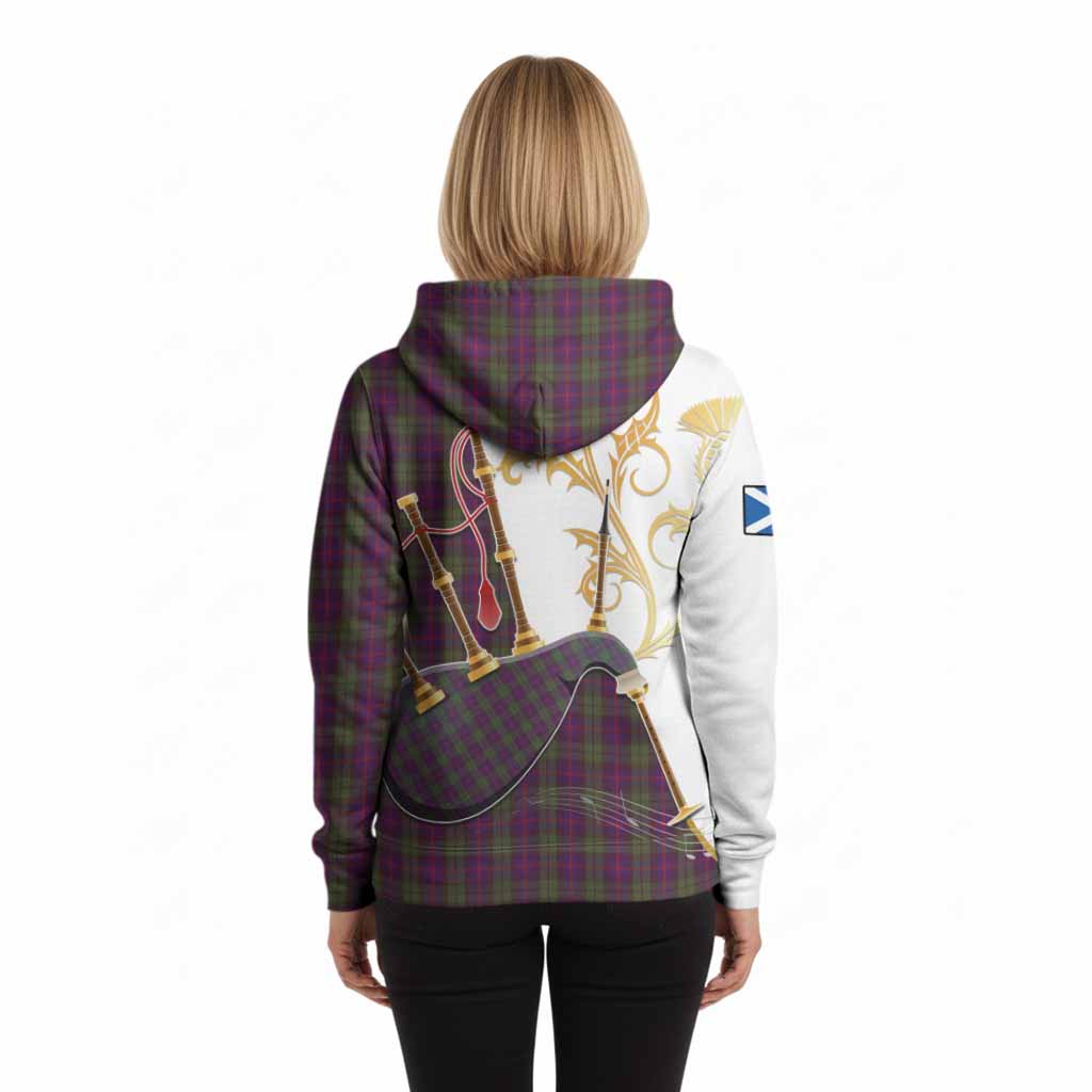 Urquhart Tartan Family Crest Hoodie Bagpipes with Scottish Thistle