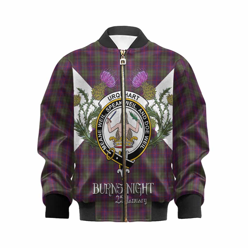 Urquhart Tartan Family Crest Kid Bomber Jacket Scottish Burns Night Thistle Floral