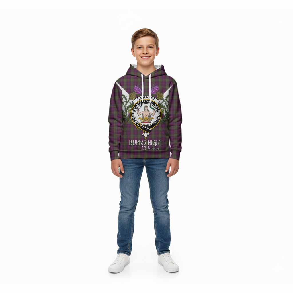 Urquhart Tartan Family Crest Kid Hoodie Scottish Burns Night Thistle Floral