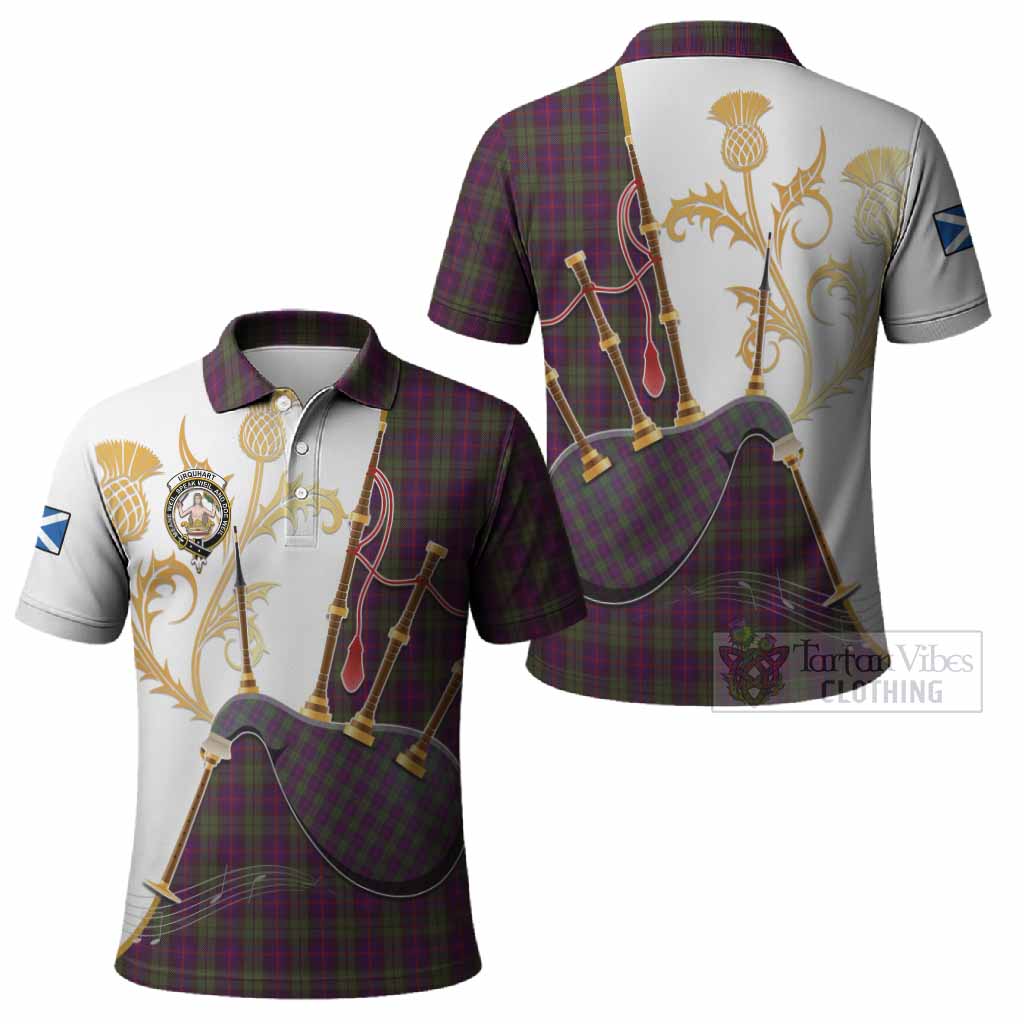 Urquhart Tartan Family Crest Polo Shirt Bagpipes with Scottish Thistle