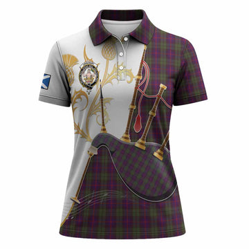 Urquhart Tartan Family Crest Women Polo Shirt Bagpipes with Scottish Thistle