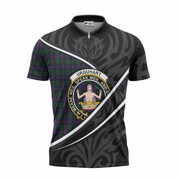 Urquhart Tartan Family Crest Zipper Polo Shirt Celtic Scottish Thistle Floral