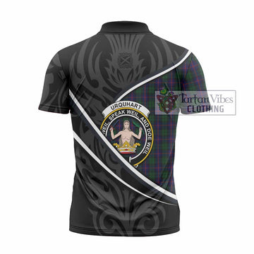 Urquhart Tartan Family Crest Zipper Polo Shirt Celtic Scottish Thistle Floral