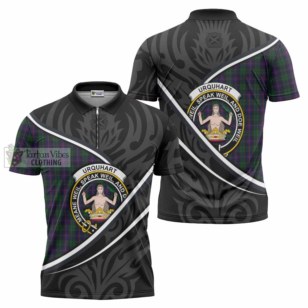 Urquhart Tartan Family Crest Zipper Polo Shirt Celtic Scottish Thistle Floral - Tartan Vibes Clothing