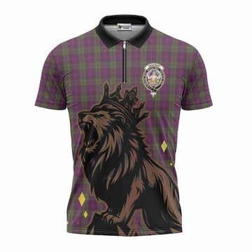 Urquhart Tartan Family Crest Zipper Polo Shirt Crowned Lion Roaring