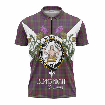 Urquhart Tartan Family Crest Zipper Polo Shirt Scottish Burns Night Thistle Floral