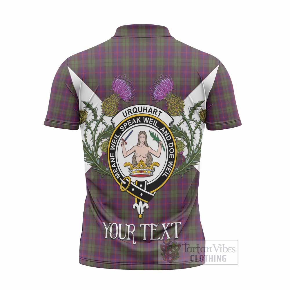 Urquhart Tartan Family Crest Zipper Polo Shirt Scottish Burns Night Thistle Floral