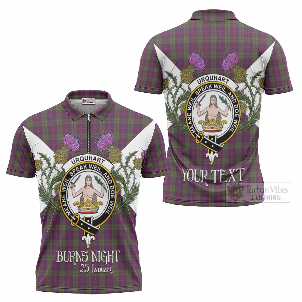 Urquhart Tartan Family Crest Zipper Polo Shirt Scottish Burns Night Thistle Floral