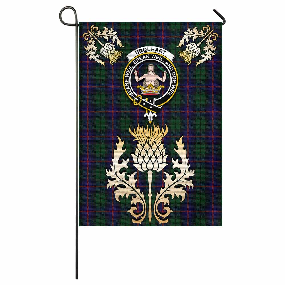 Urquhart Tartan Garden Flag with Golden Regal Scottish Thistle Emblem - Tartan Vibes Clothing