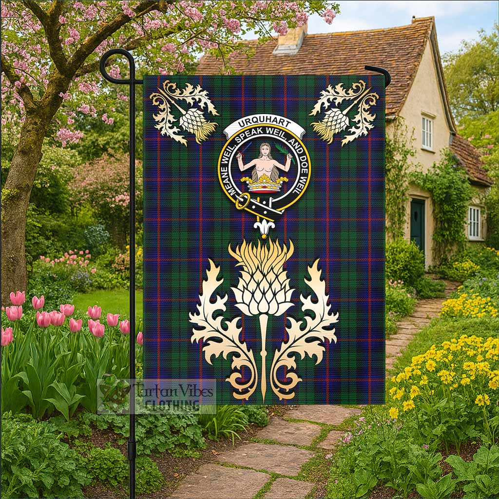 Urquhart Tartan Garden Flag with Golden Regal Scottish Thistle Emblem - Tartan Vibes Clothing