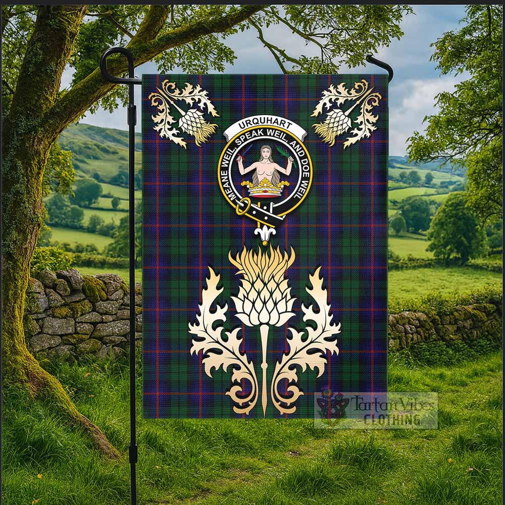 Urquhart Tartan Garden Flag with Golden Regal Scottish Thistle Emblem - Tartan Vibes Clothing
