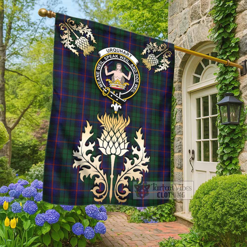 Urquhart Tartan Garden Flag with Golden Regal Scottish Thistle Emblem - Tartan Vibes Clothing