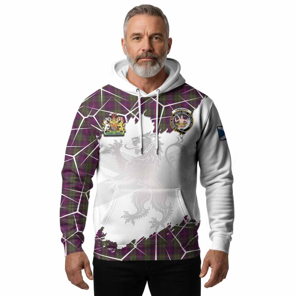 Urquhart Tartan Hoodie with Family Crest and Lion Rampant Grunge Style