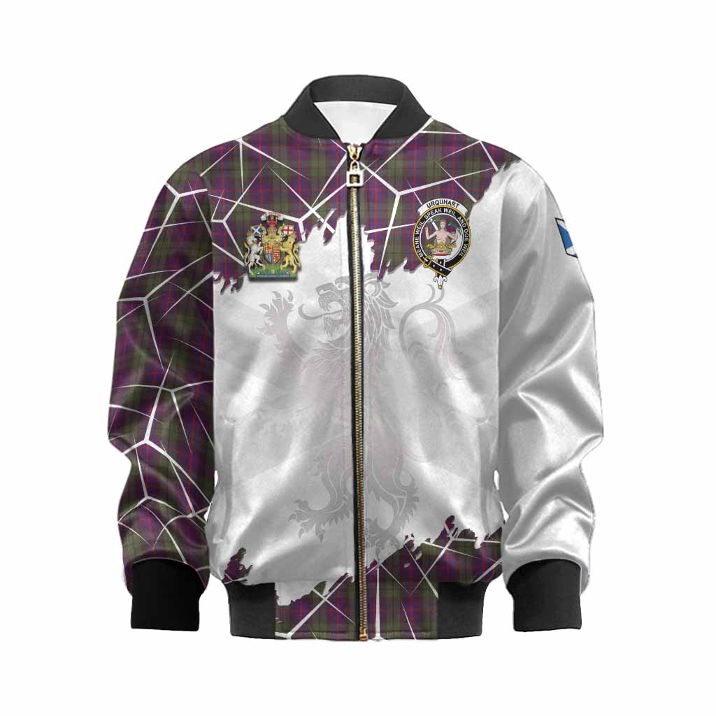 Urquhart Tartan Kid Bomber Jacket with Family Crest and Lion Rampant Grunge Style