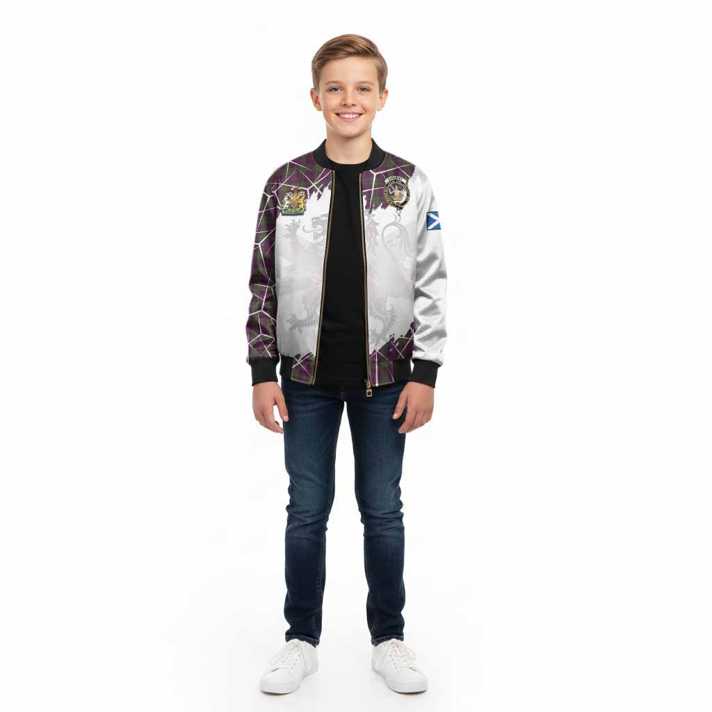 Urquhart Tartan Kid Bomber Jacket with Family Crest and Lion Rampant Grunge Style