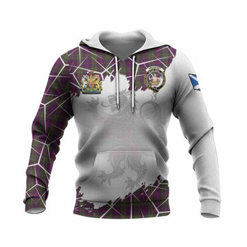 Urquhart Tartan Knitted Hoodie with Family Crest and Lion Rampant Grunge Style