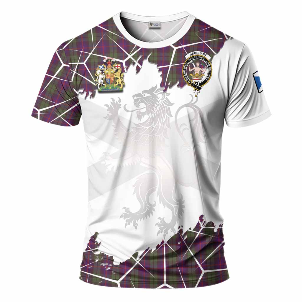 Urquhart Tartan T-Shirt with Family Crest and Lion Rampant Grunge Style