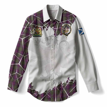 Urquhart Tartan Women Casual Shirt with Family Crest and Lion Rampant Grunge Style