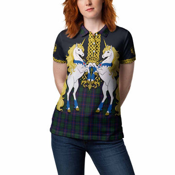 Urquhart Tartan Women Polo Shirt Unicorn Celtic Knot And Thistle Emblem