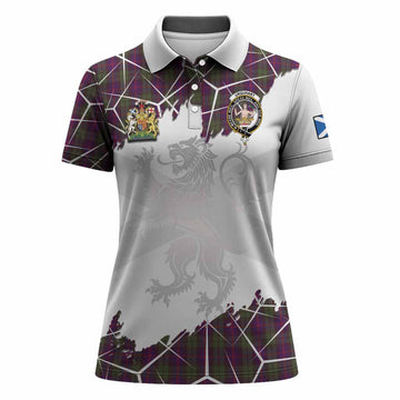 Urquhart Tartan Women Polo Shirt with Family Crest and Lion Rampant Grunge Style