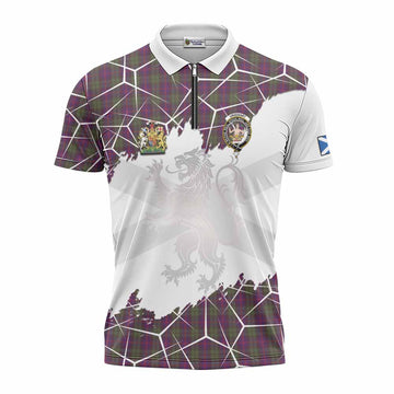 Urquhart Tartan Zipper Polo Shirt with Family Crest and Lion Rampant Grunge Style