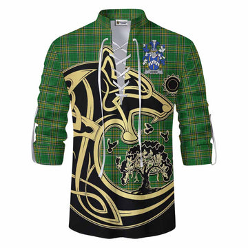 Usher Irish Tartan Ghillie Kilt Shirt with Coat of Arms Celtic Wolf Style