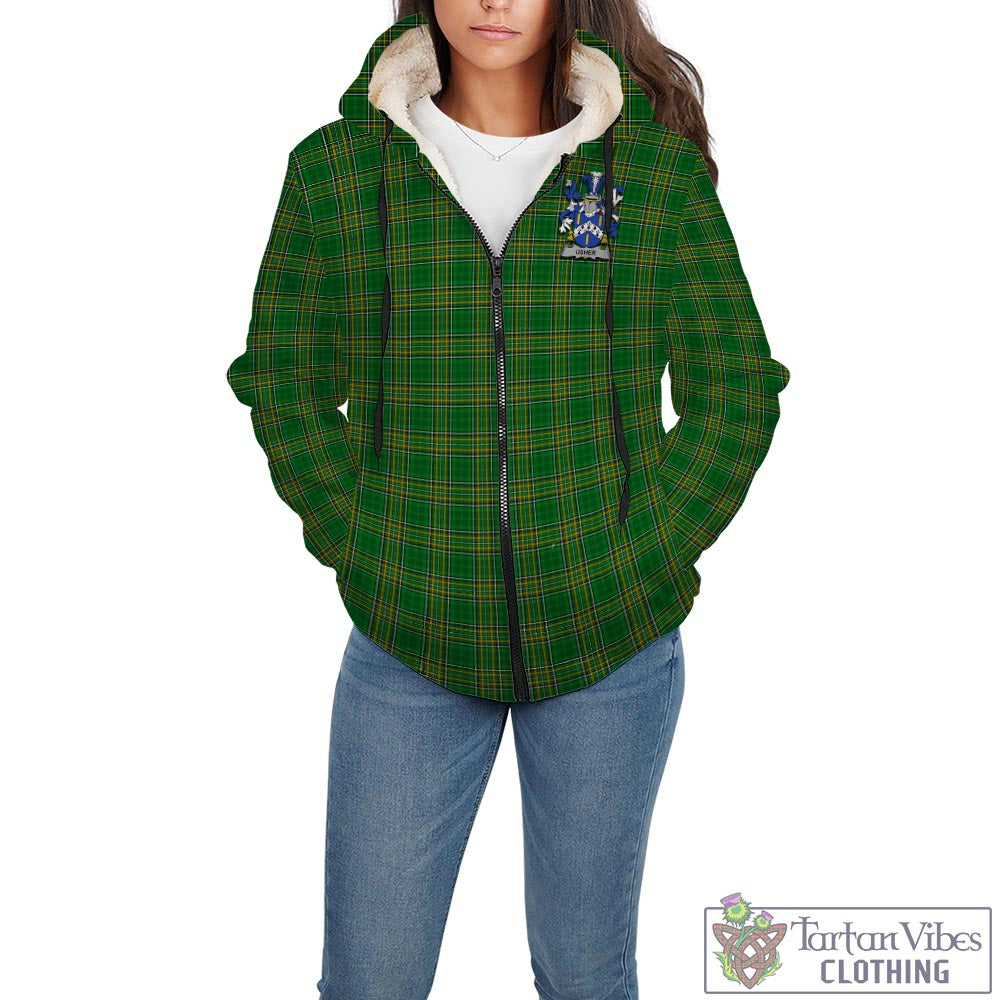 Tartan Vibes Clothing Usher Ireland Clan Tartan Sherpa Hoodie with Coat of Arms