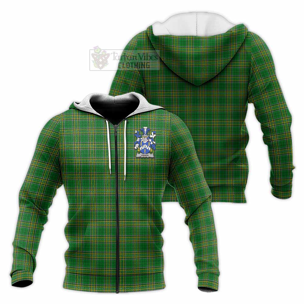 Usher Irish Clan Tartan Knitted Hoodie with Coat of Arms - Tartan Vibes Clothing