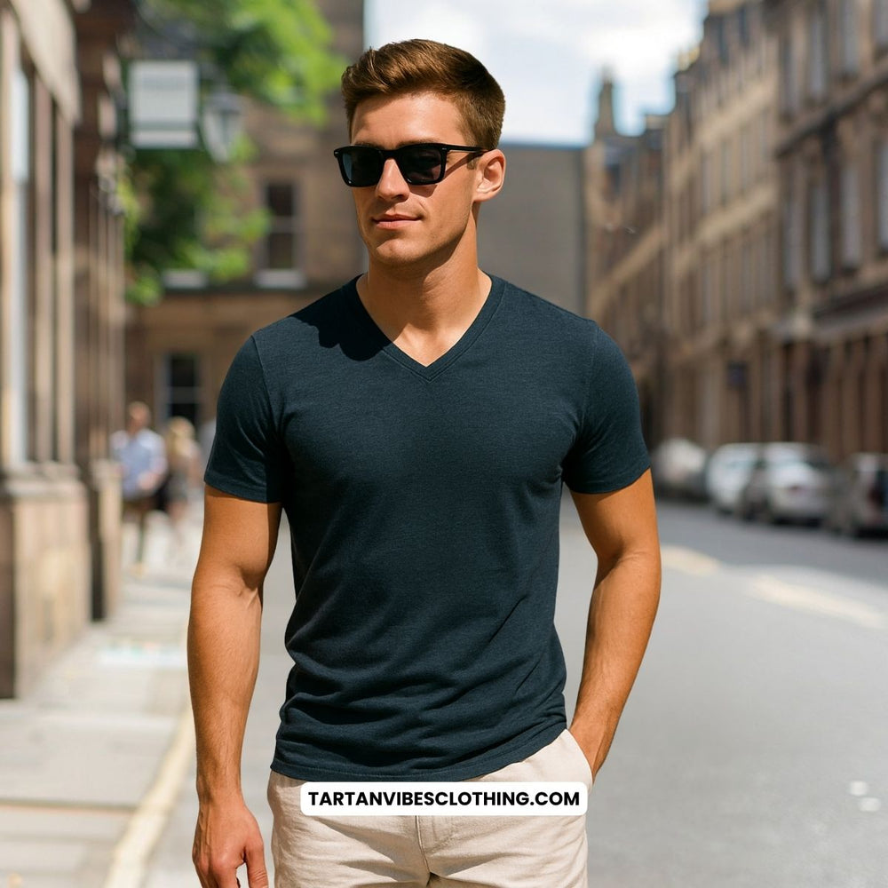 V-Neck T-Shirts with linen shorts, sneakers, and sunglasses.