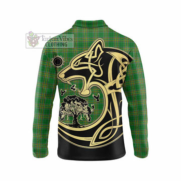 Valentine Irish Tartan Long Sleeve Polo Shirt with Coat of Arms Celtic Wolf Style