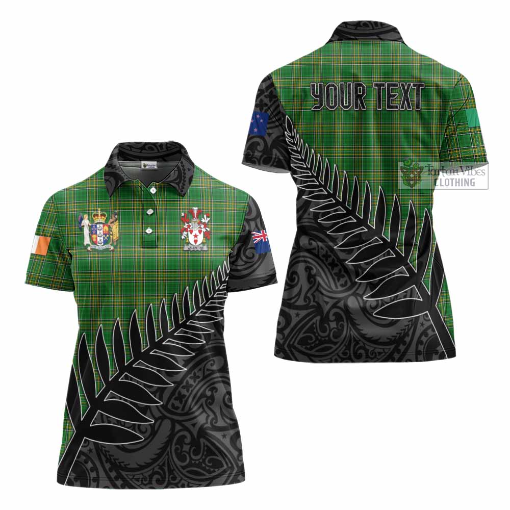 Tartan Vibes Clothing Valentine Irish Clan Tartan Women's Polo Shirt with Coat of Arms New Zealand Silver Fern Half Style