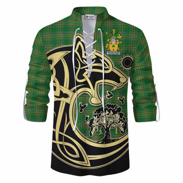 Tartan Vibes Clothing Vandeleur Irish Tartan Ghillie Kilt Shirt with Coat of Arms Celtic Wolf Style
