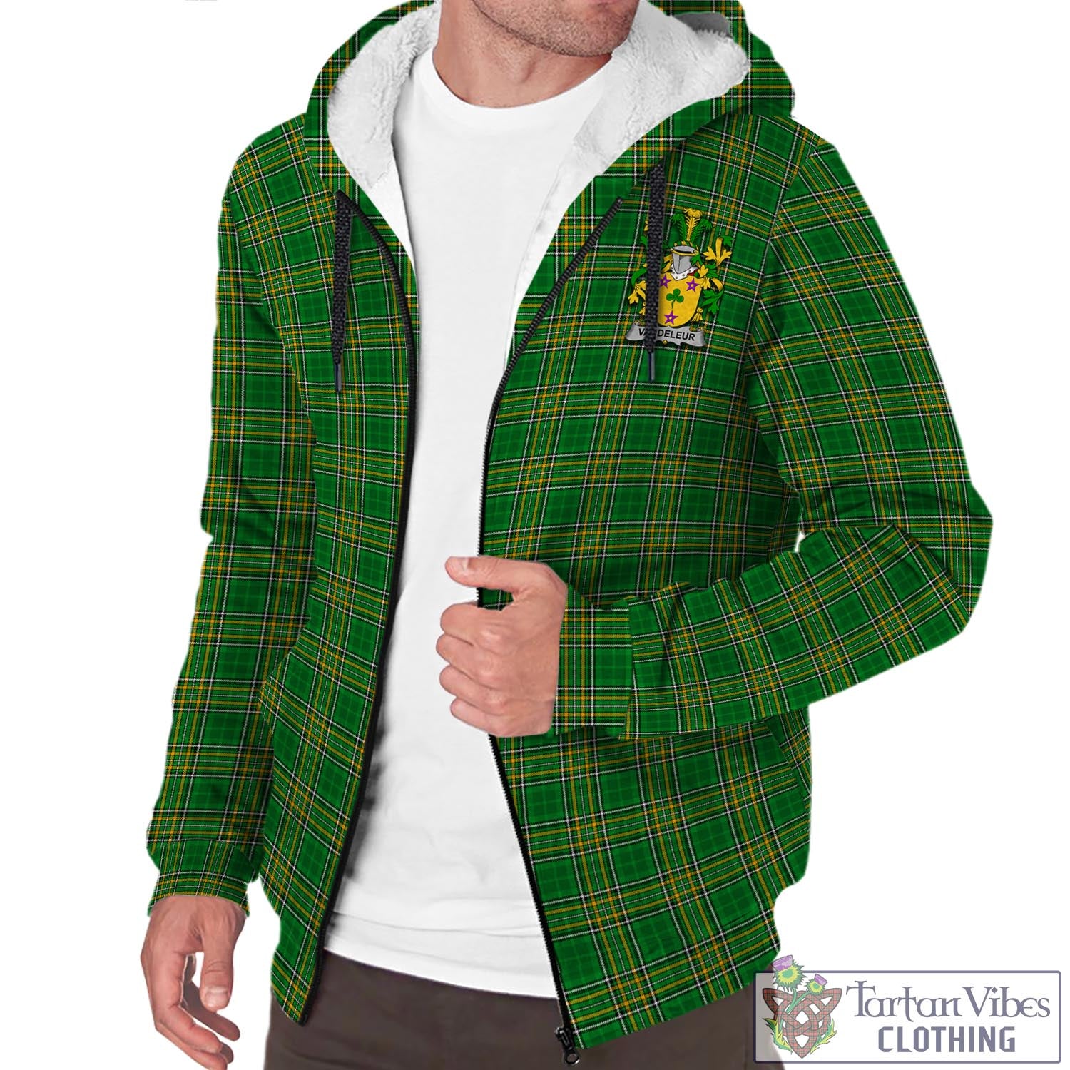 Tartan Vibes Clothing Vandeleur Ireland Clan Tartan Sherpa Hoodie with Coat of Arms