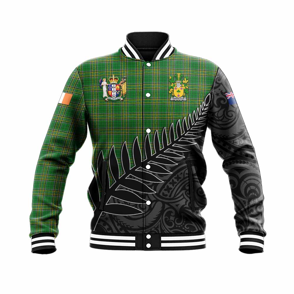 Tartan Vibes Clothing Vandeleur Irish Clan Tartan Baseball Jacket with Coat of Arms New Zealand Silver Fern Half Style