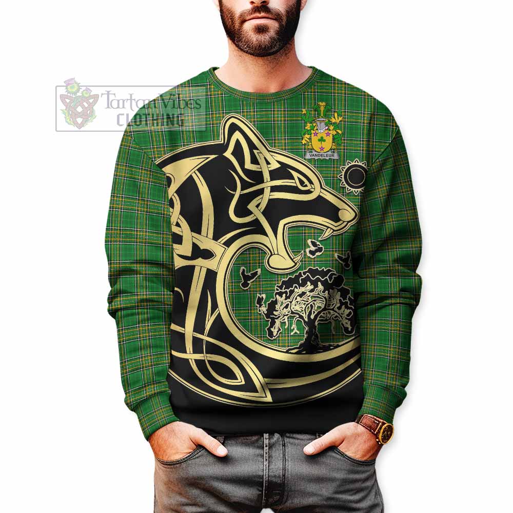 Tartan Vibes Clothing Vandeleur Irish Tartan Sweatshirt with Coat of Arms Celtic Wolf Style