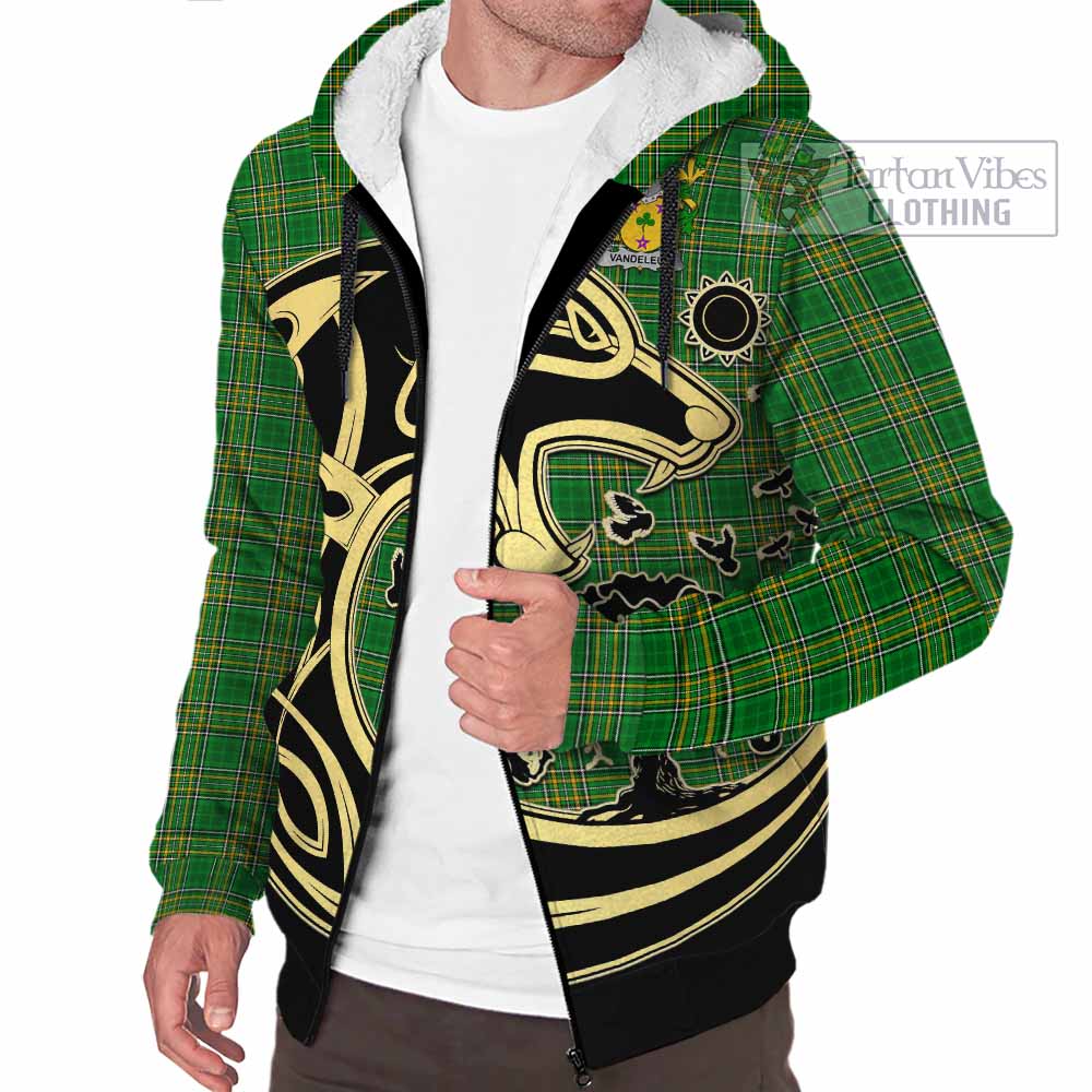 Tartan Vibes Clothing Vandeleur Irish Tartan Sherpa Hoodie with Coat of Arms Celtic Wolf Style