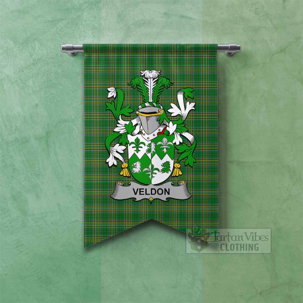 Tartan Vibes Clothing Veldon Irish Clan Tartan Gonfalon, Tartan Banner with Coat of Arms
