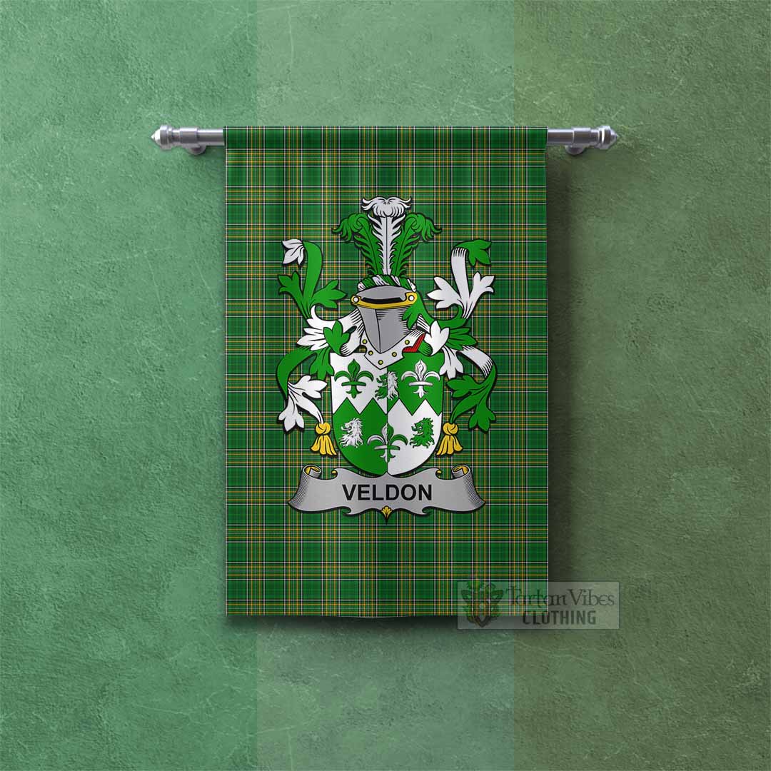 Tartan Vibes Clothing Veldon Irish Clan Tartan Gonfalon, Tartan Banner with Coat of Arms