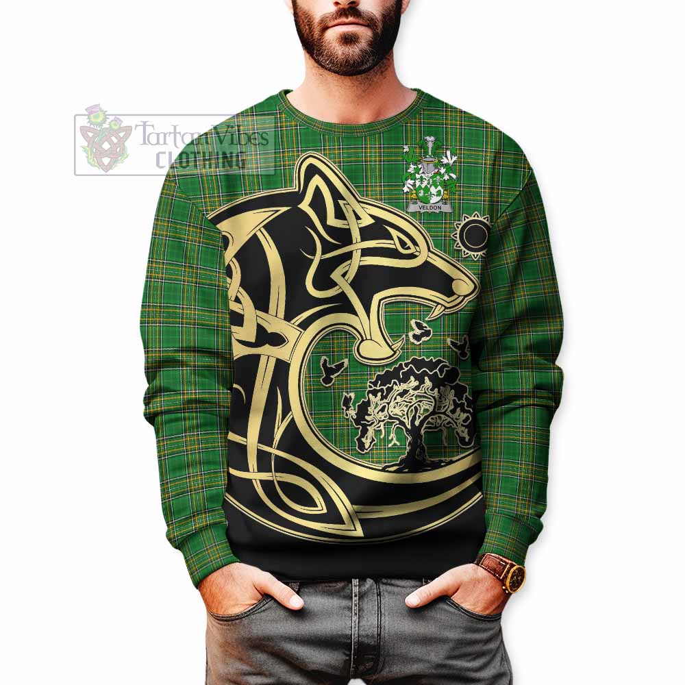 Veldon Irish Tartan Sweatshirt with Coat of Arms Celtic Wolf Style - Tartan Vibes Clothing