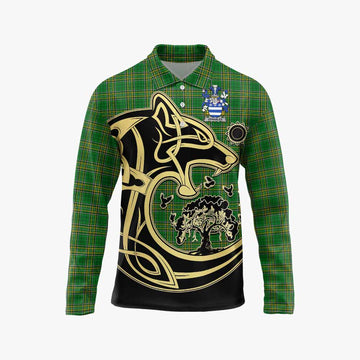 Tartan Vibes Clothing Venables Irish Tartan Long Sleeve Polo Shirt with Coat of Arms Celtic Wolf Style