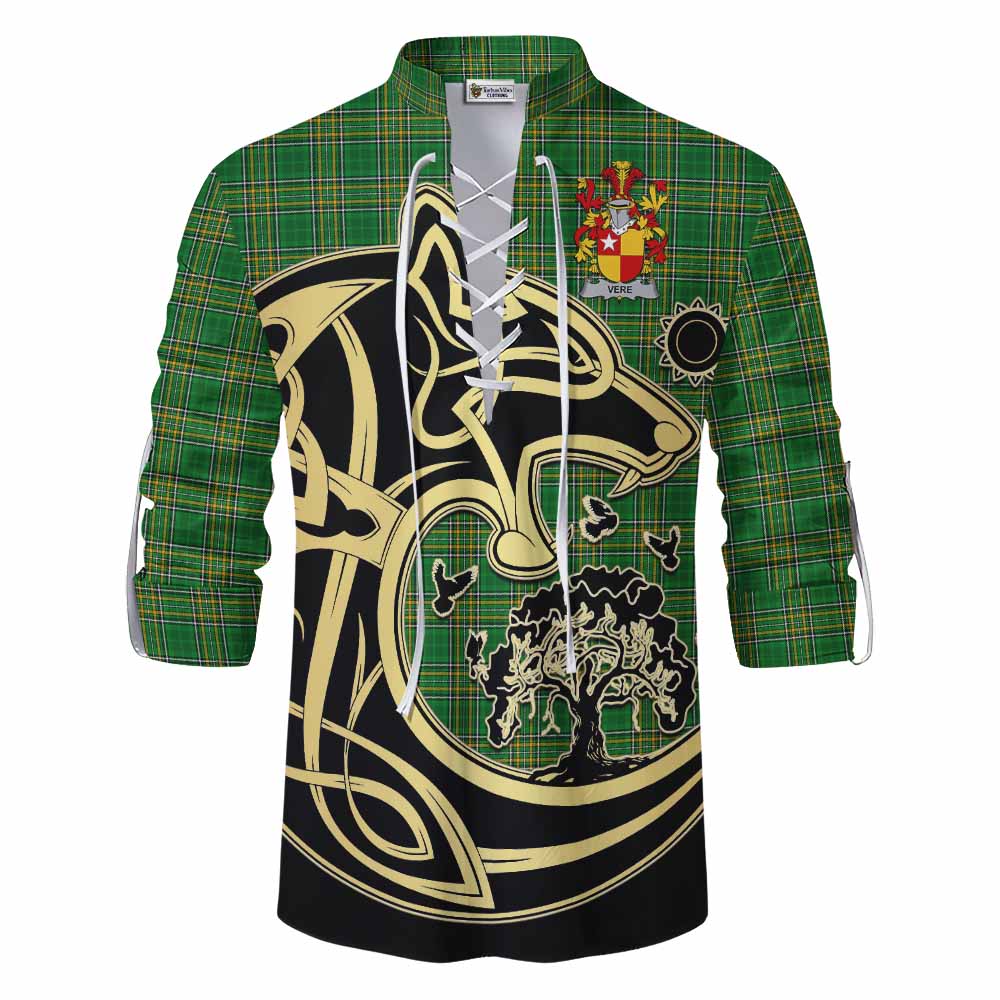 Tartan Vibes Clothing Vere Irish Tartan Ghillie Kilt Shirt with Coat of Arms Celtic Wolf Style