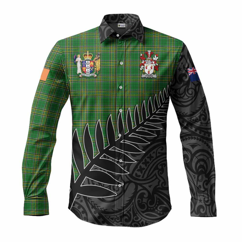 Tartan Vibes Clothing Vigors Irish Clan Tartan Long Sleeve Button Shirt with Coat of Arms New Zealand Silver Fern Half Style
