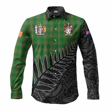 Tartan Vibes Clothing Vigors Irish Clan Tartan Long Sleeve Button Shirt with Coat of Arms New Zealand Silver Fern Half Style