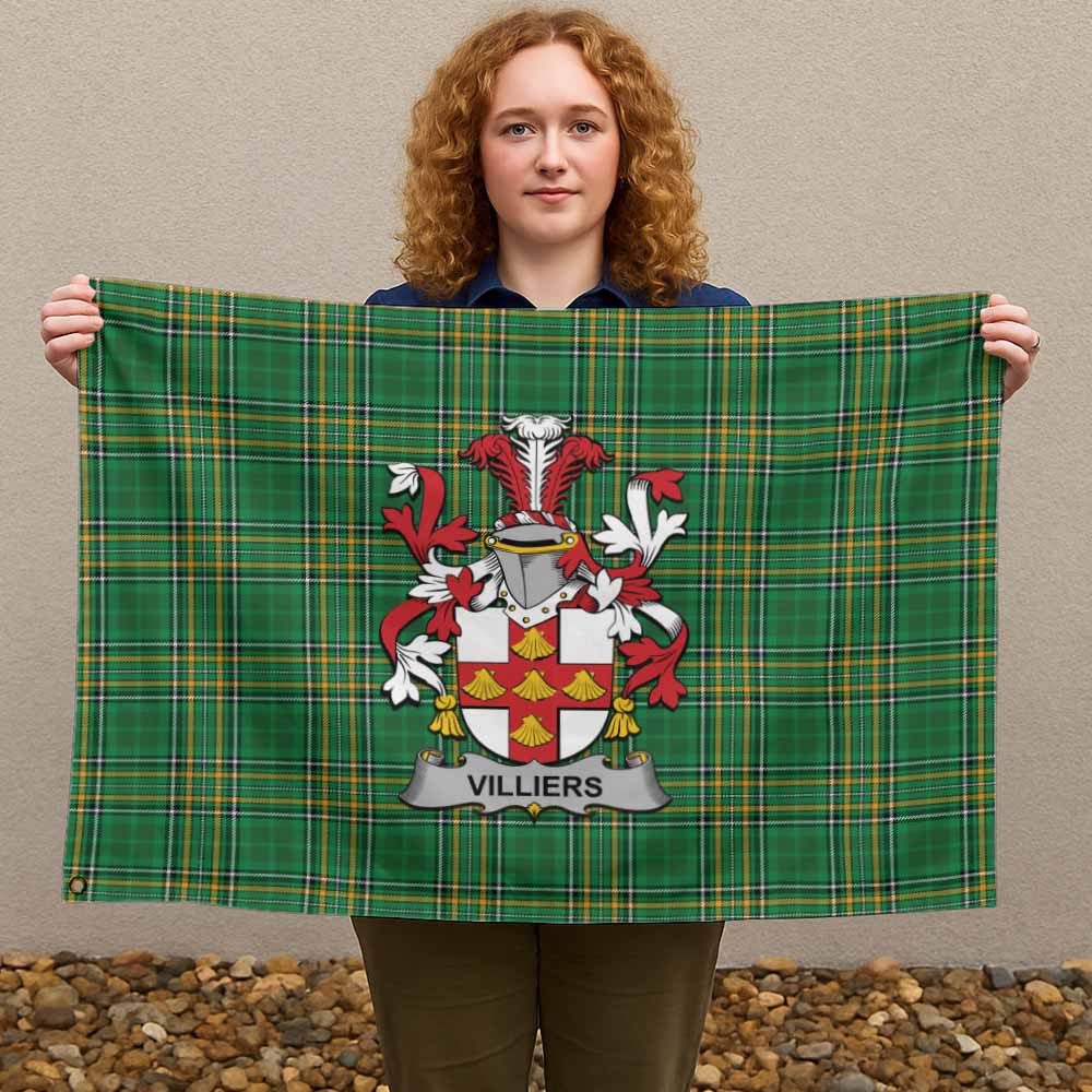 Tartan Vibes Clothing Villiers Irish Clan Tartan House Flag with Coat of Arms