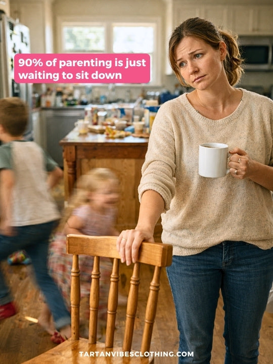 Viral parenting joke: tired mom with coffee amid chaotic kids at home