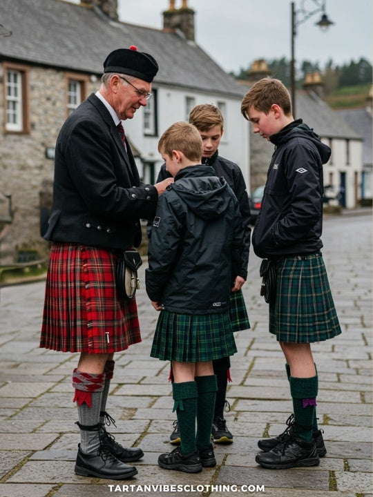 Visitors getting ready in traditional tartan kilts and windproof jackets