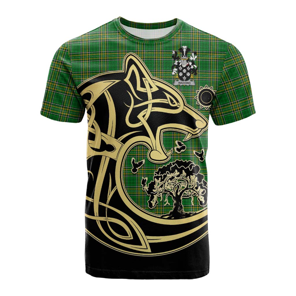 Tartan Vibes Clothing Wadding Irish Tartan Cotton T-shirt with Coat of Arms Celtic Wolf Style